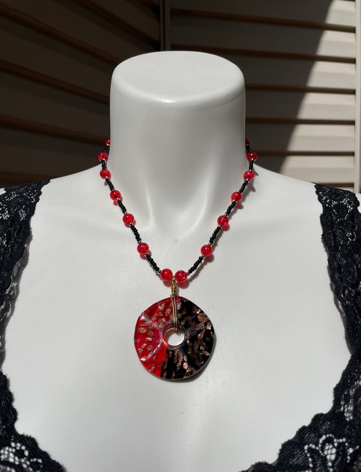 Glass Black & Red Donut Necklace